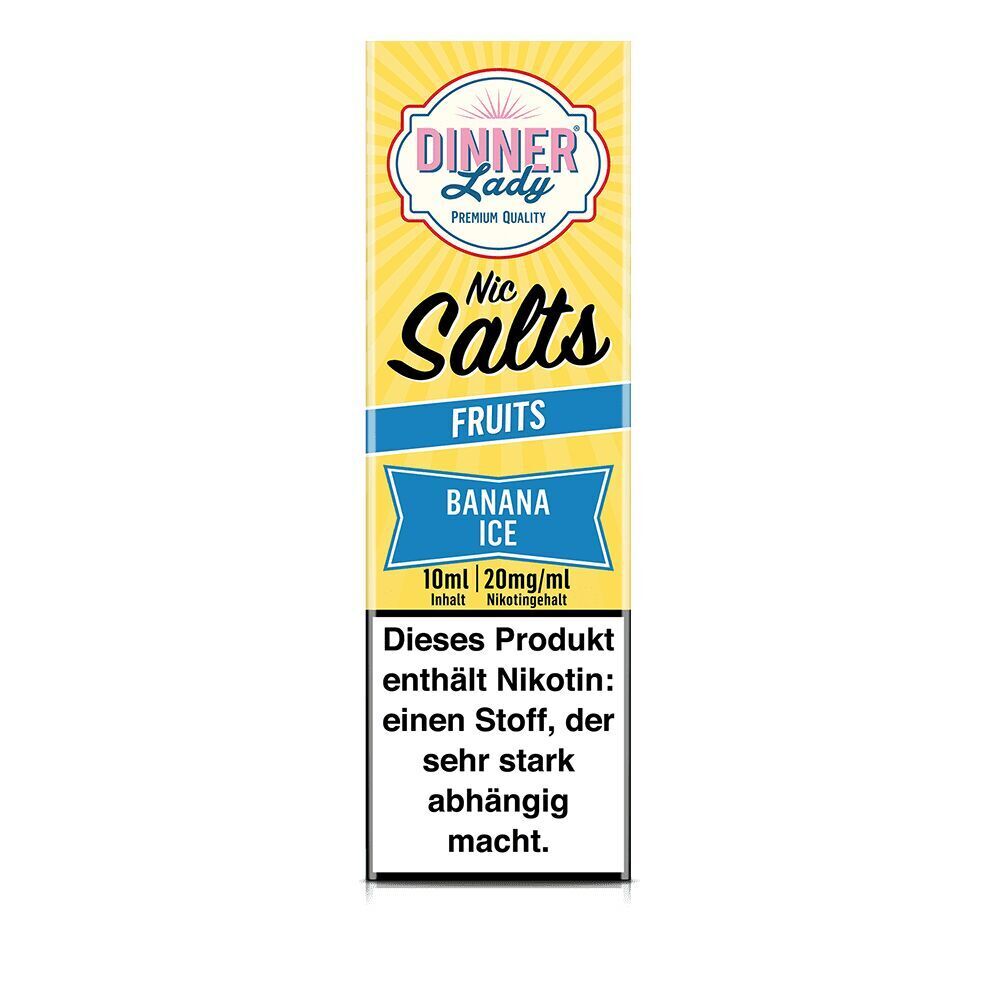 Dinner Lady Nic Salts Banana Ice 10ml, 20mg Nikotingehalt, mit Warnhinweis "Dieses Produkt enthält Nikotin: einen Stoff, der sehr stark abhängig macht"