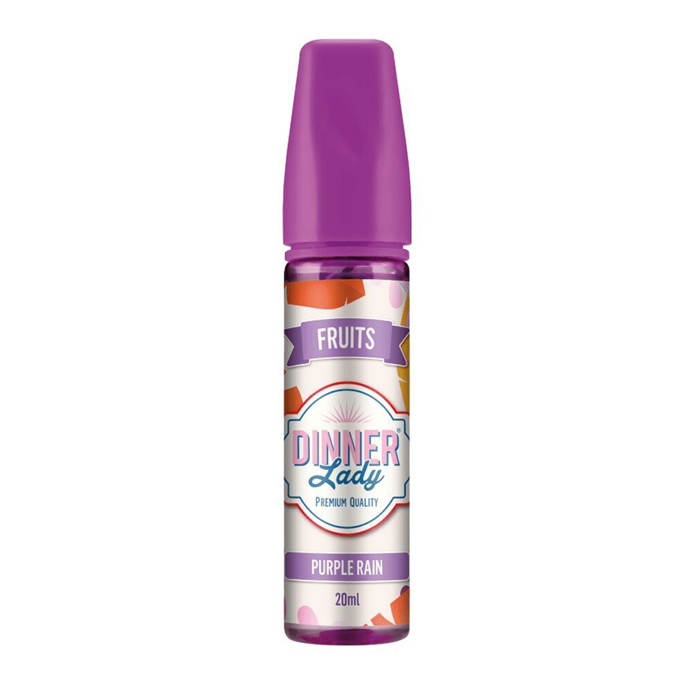 Aroma Purple Rain von Dinner Lady Dinner Lady Aroma Purple Rain Flasche mit violettem Deckel, Etikett zeigt "Fruits", 20ml, Design mit bunten Elementen