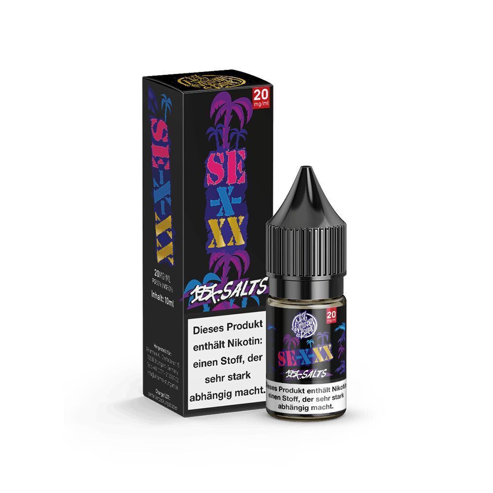 187 Strassenbande Liquid - SEXXX 20mg E-Flüssigkeit 187 Strassenbande SEXXX 20mg, schwarze Flasche mit spitzem Deckel, Verpackung mit buntem Design und Warnhinweis auf Nikotinsucht.