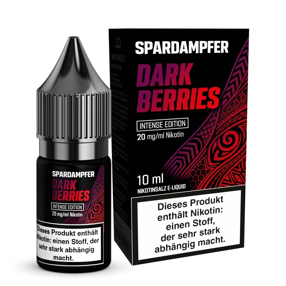 Spardampfer-Nikotinsalz-Dark-Berries-20mg.jpg Spardampfer Dark Berries Nikotinsalz Flasche und Verpackung, Intense Edition 20mg/ml, Warnhinweis auf starker Abhängigkeit durch Nikotin.
