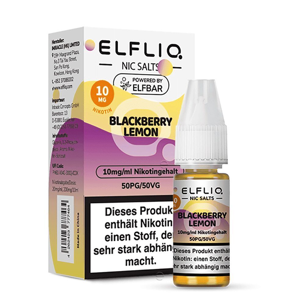 Elfliq Nikotinsalz - Blackberry Lemon 10mg Elfliq Nikotinsalz Blackberry Lemon Flasche und Verpackung mit 10mg/ml Nikotingehalt, gelb-lila Design, Warnhinweise sichtbar.