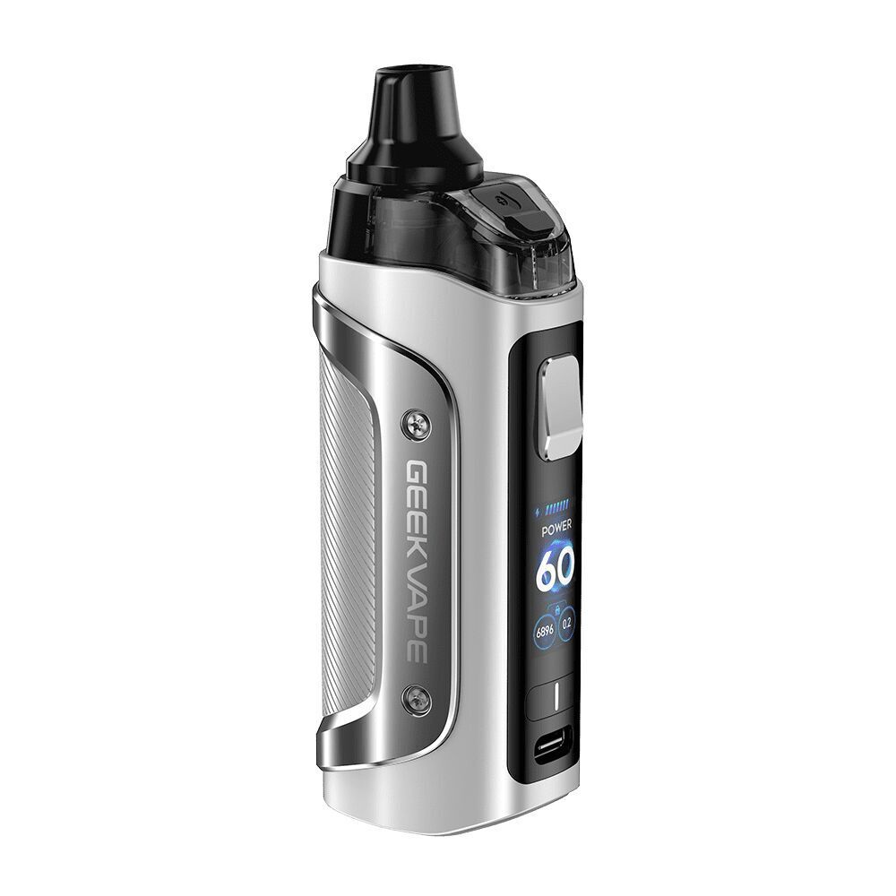 Geekvape Aegis Boost 3 Pod Kit in der Farbe Silver Geekvape Aegis Boost 3 Pod Kit in Silber mit sichtbarem Display, zeigt "Power 60", USB-C-Anschluss unten, robustes Design.
