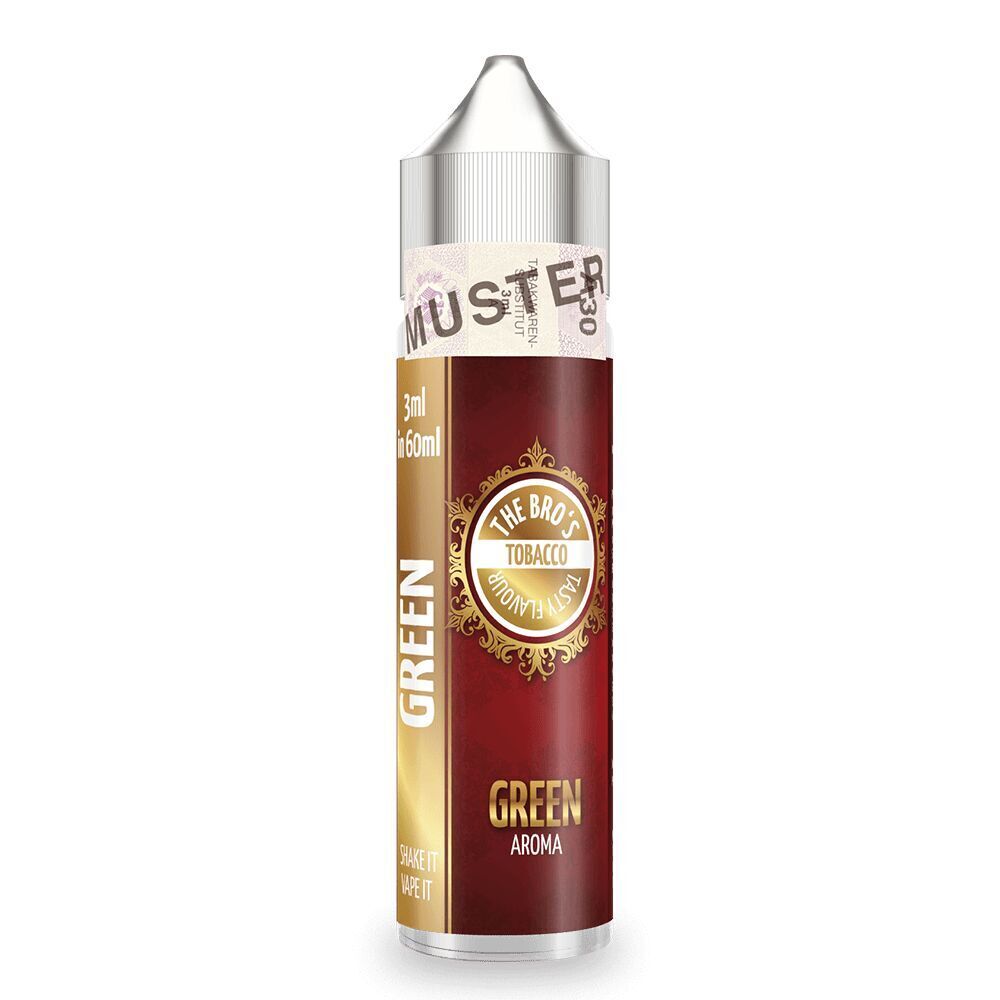 Aroma Tobacco Green von The Bros Das Bild zeigt eine Flasche The Bros Aroma Tobacco Green mit rotem und goldenem Etikett, darauf steht Green Aroma, Shake it, Vape it.
