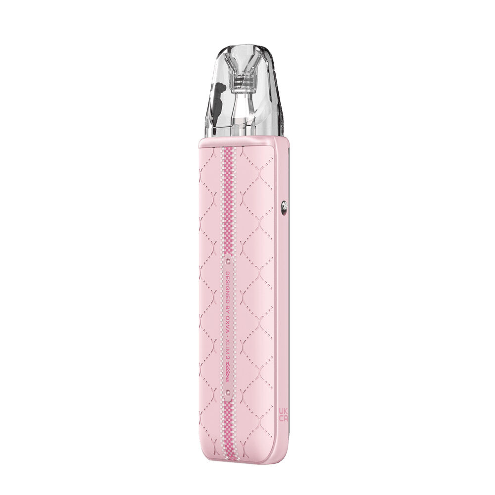 Oxva Xlim 3 Ultra Pod Kit in Cherry Pink mit diamantartigem Muster und transparentem Mundstück.