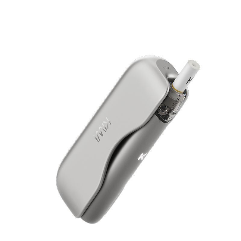 Kiwi 2 Pod Kit Nimbus Cloud in Silber mit transparentem Deckel, in dem ein Mundstück steckt