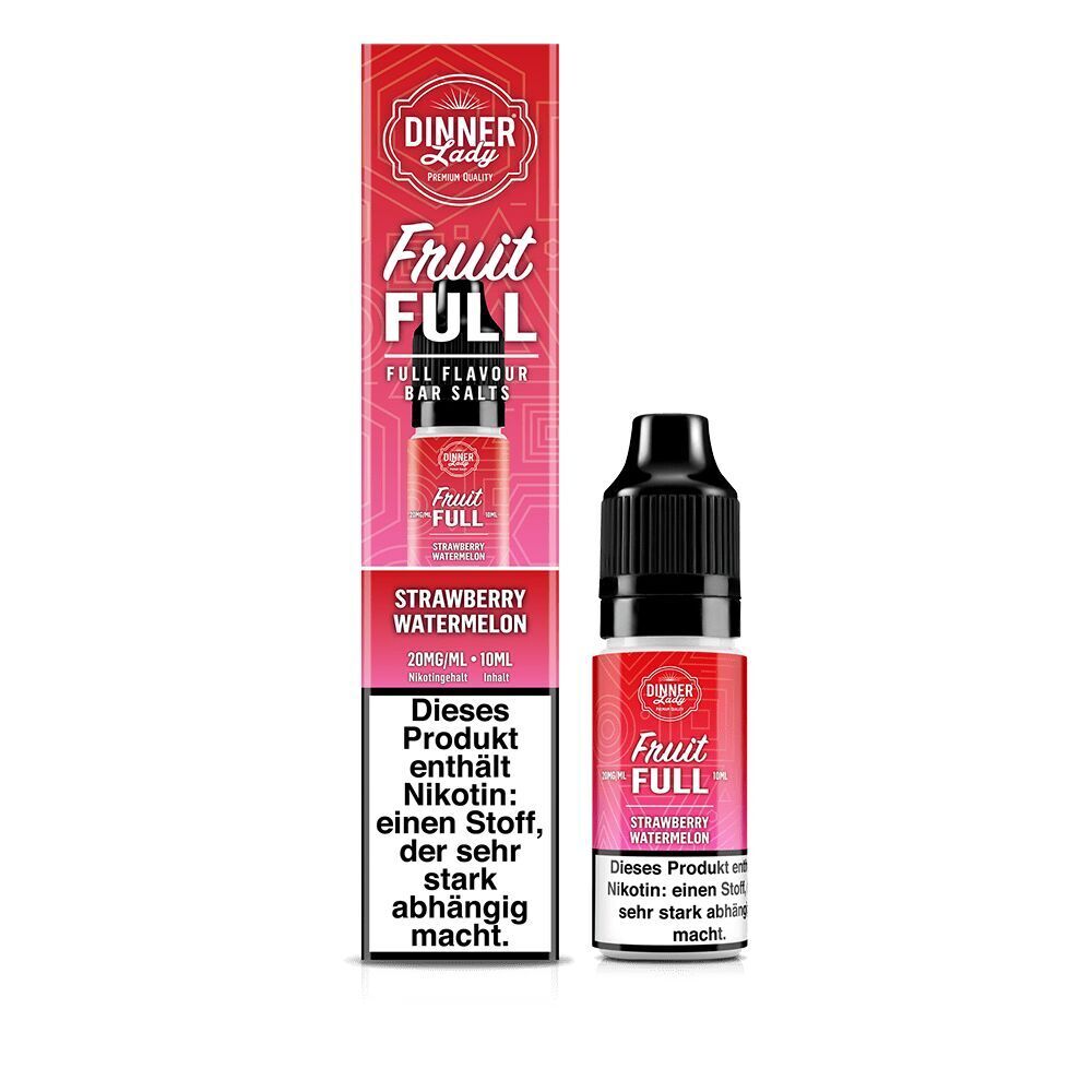 Liquid Strawberry Watermelon mit 20mg Nikotin von Dinner Lady Fruit Full Dinner Lady Nikotinsalz-Flasche und Verpackung mit Strawberry Watermelon 20mg/ml Aroma; Warnhinweis: Enthält Nikotin, macht abhängig.
