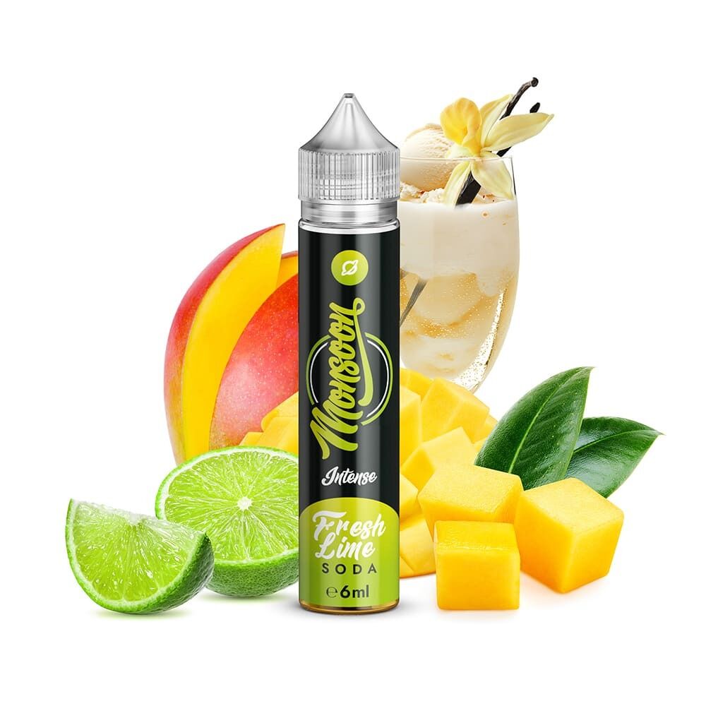 Aroma Fresh Lime Soda von Monsoon Produkt Monsoon Aroma Fresh Lime Soda 6ml, frische Limetten, Mangowürfel und Vanilleeis, umgeben von grünen Blättern