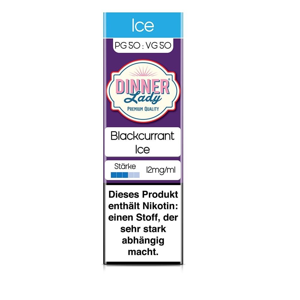 Dinner Lady Liquid Blackcurrant Ice 12mg mit Nikotinwarnung, PG 50/ VG 50 Verhältnis, auf violettem Hintergrund.