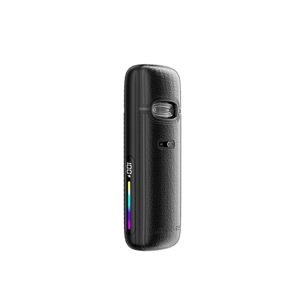 Voopoo Vmate E2 Pod Kit in Jet Black mit strukturiertem Gehäuse, digitaler Anzeige und farbiger LED-Leiste auf der Vorderseite.
