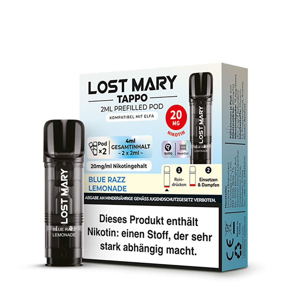 Blue Razz Lemonade 20mg - Lost Mary Tappo Pods Verpackung eines vorgefüllten Tappo Pods mit 2ml Inhalt, Geschmack Blue Razz Lemonade, Nikotingehalt 20mg, Marke Lost Mary.