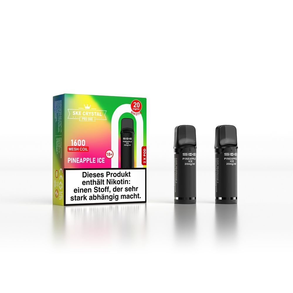 SKE Crystal 800 Pro Pods - Pineapple Ice SKE Crystal Pro Pods Pineapple Ice 20mg Verpackung und zwei schwarze Pods, Warnhinweis: Enthält Nikotin, das abhängig macht.