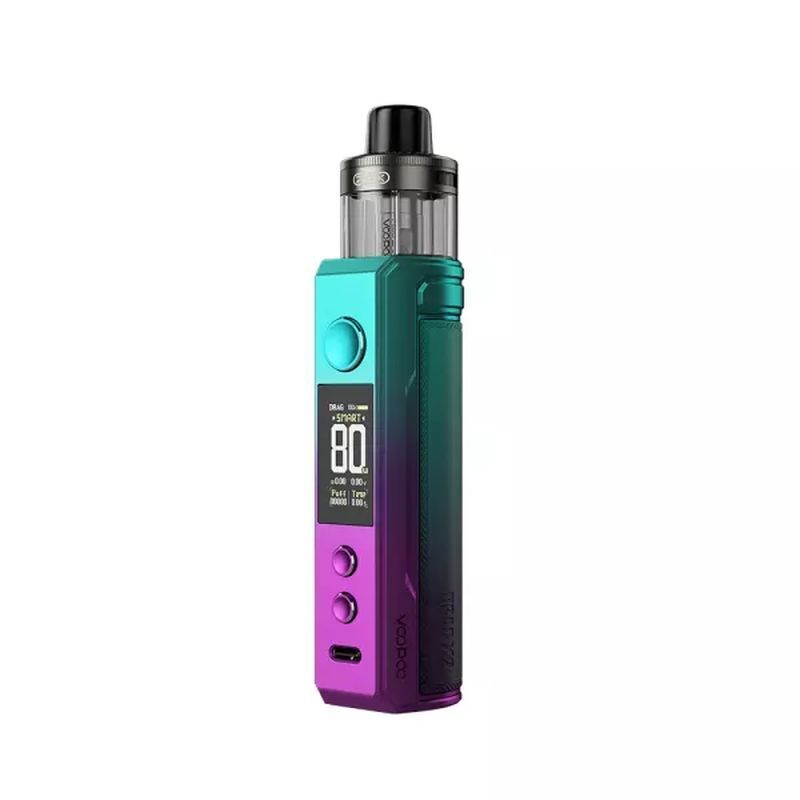 Voopoo Drag X2 Pod Kit in der Farbe Sky Blue Voopoo Drag X2 Pod Kit in Sky Blue mit Farbverlauf, prominentem Display, zwei Tasten und sichtbarem Pod oben.