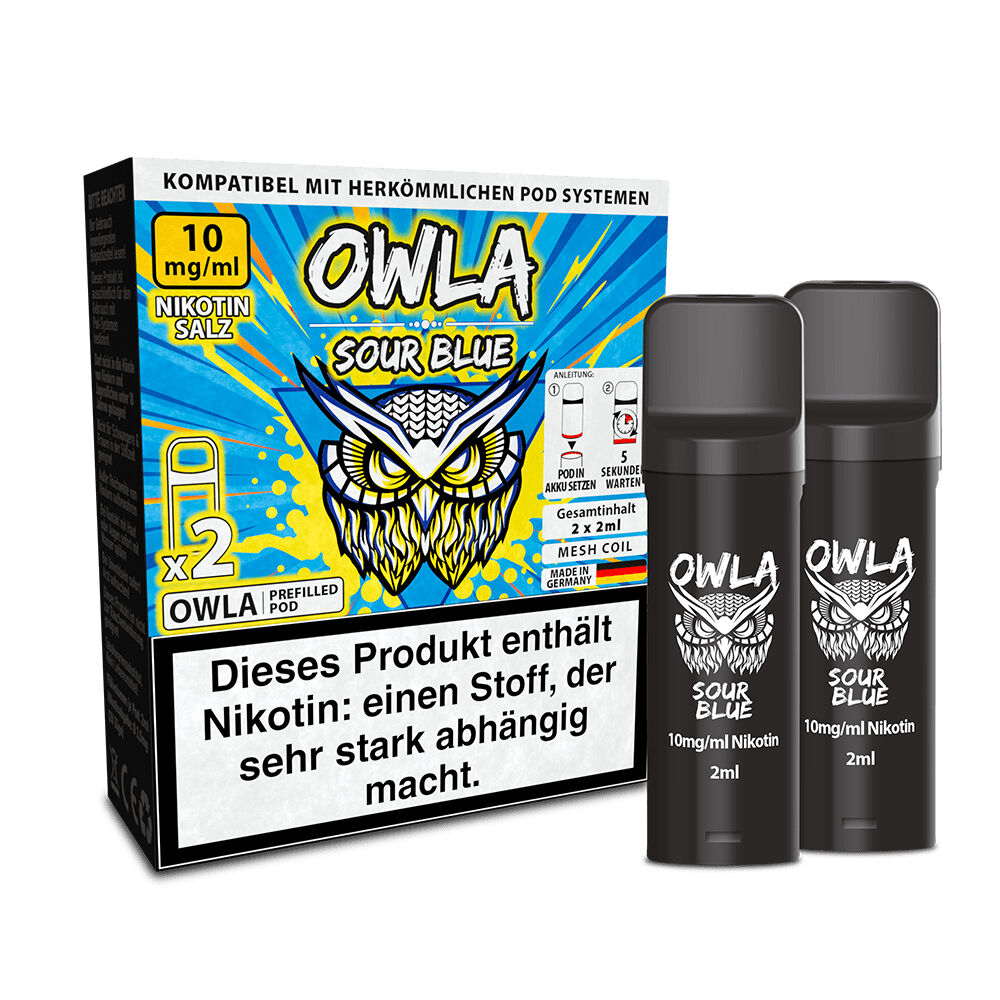 Owla Pods - Sour Blue 10mg Owla Pods Sour Blue 10mg-Packung mit zwei schwarzen, nikotinhaltigen Pods und auffälligem Eulendesign, inklusive Warnhinweis.