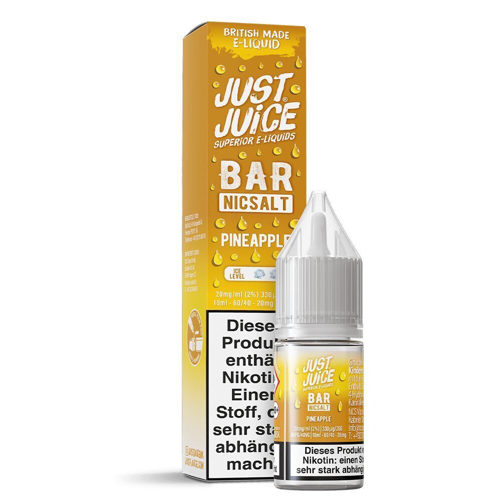 Liquid Pineapple 20mg - Just Juice Just Juice Bar NicSalt Pineapple 20mg Nikotinsalzflasche und Verpackung im Hintergrund, gelbtönige Gestaltung mit Tropfenmotiv und Warnhinweisen.