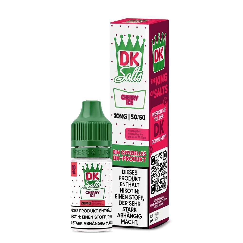 Liquid Cherry Ice 20mg - DK Salts DK Salts Nikotinsalz Cherry Ice 20mg Flasche und Verpackung; grüner Verschluss, 10ml, Text warnt vor Nikotinabhängigkeit