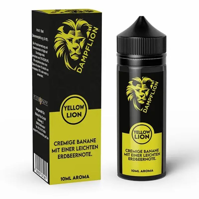 Aroma Yellow Lion von Dampflion Original Dampflion Yellow Lion Aroma, schwarze Flasche und Box mit gelbem Löwenkopf-Logo, 10ml mit cremiger Banane und Erdbeeraroma.