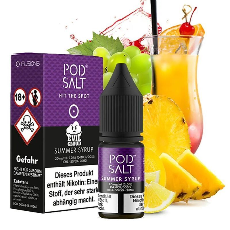 Liquid Summer Syrup mit 20mg Nikotin von Pod Salt Fusion Pod Salt Summer Syrup 20mg Nikotinsalzflasche vor Verpackung mit Fruchtdekoration, Warnhinweise und Logo sichtbar.