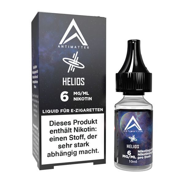 E-Zigaretten-Liquid Antimatter Helios 6 mg/ml mit Nikotin in 10 ml Flasche, Warnhinweis auf der Verpackung, schwarzer Verschluss