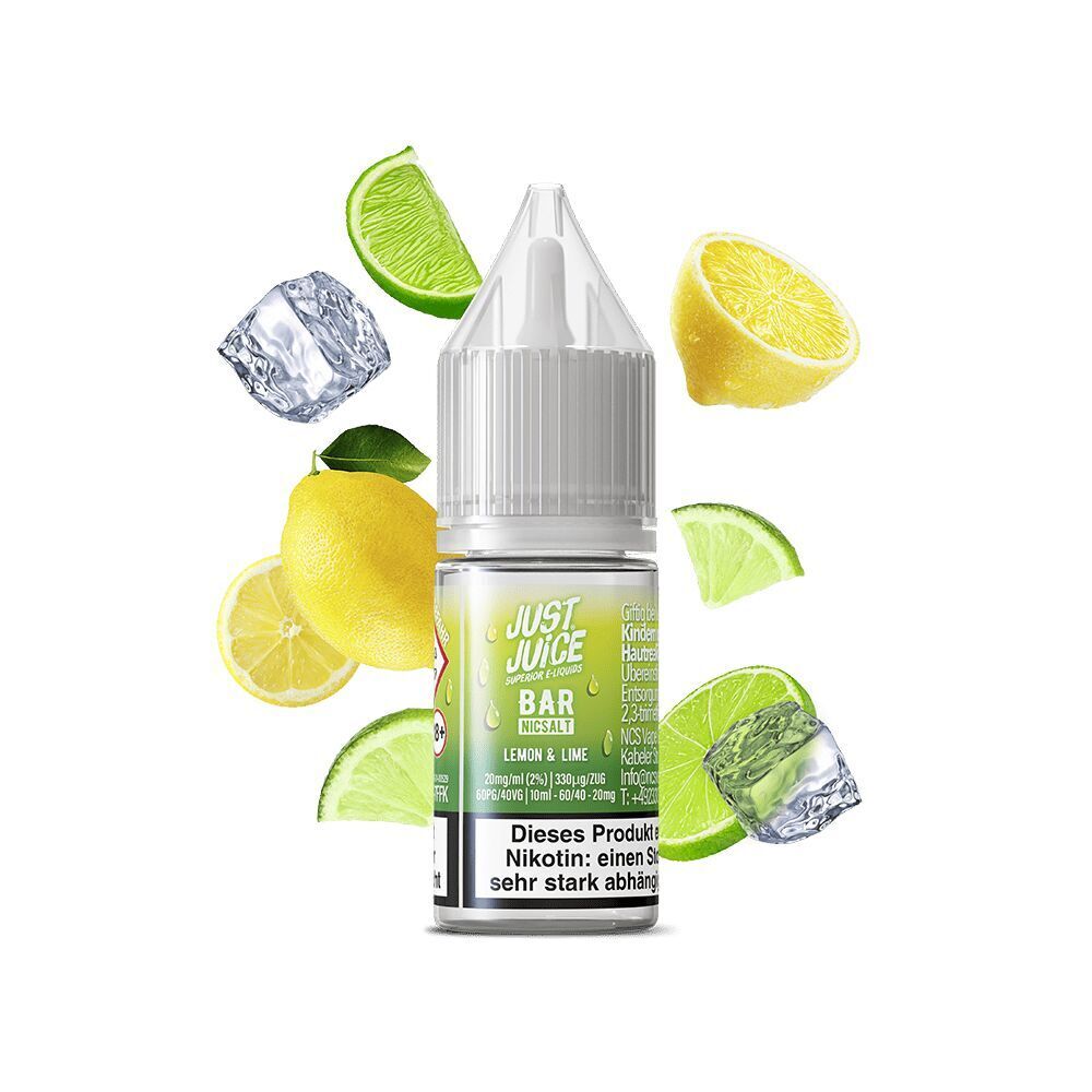 Liquid Lemon & Lime 20mg - Just Juice Just Juice Nikotinsalzflasche Lemon & Lime, umgeben von Zitronen- und Limettenscheiben sowie Eiswürfeln.