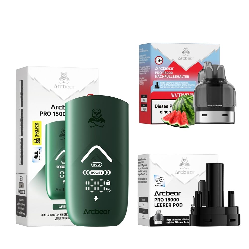 Arcbear Pro 15000 Set - Watermelon Ice 20mg Arcbear Pro 15000 Set mit grünem Gerät, Nachfüllbehälter und Leerer Pod, Watermelon Ice 20mg, inklusive Verpackungen.