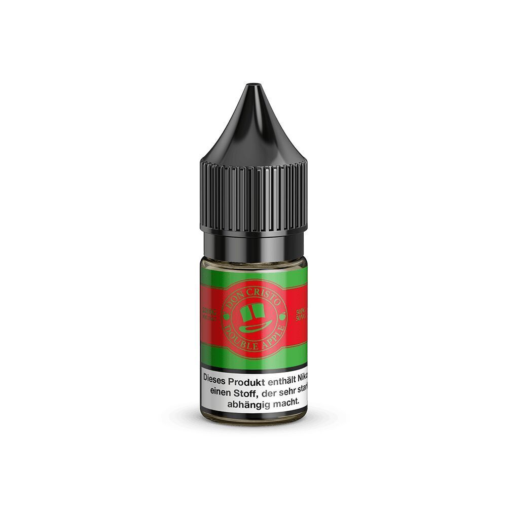 Liquid Double Apple 20mg - Don Cristo Don Cristo Nikotinsalz Double Apple 10mg E-Liquid in kleiner Flasche mit schwarzem Tropfverschluss, rotem und grünem Etikett und Warnhinweis.