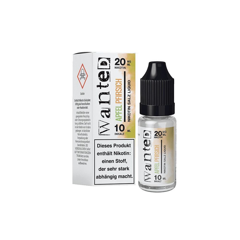 Liquid Apfel Pfirsich von Wanted Wanted Nikotinsalz Apfel Pfirsich 20 mg 10 ml, Flasche und Verpackung mit Warnhinweis über Nikotinsuchtgefahr