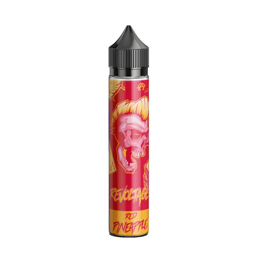 revoltage-longfill-aroma-red-pineapple Revoltage Longfill Aroma Flasche mit rotem Totenkopf-Design und gelber Aufschrift "Red Pineapple"