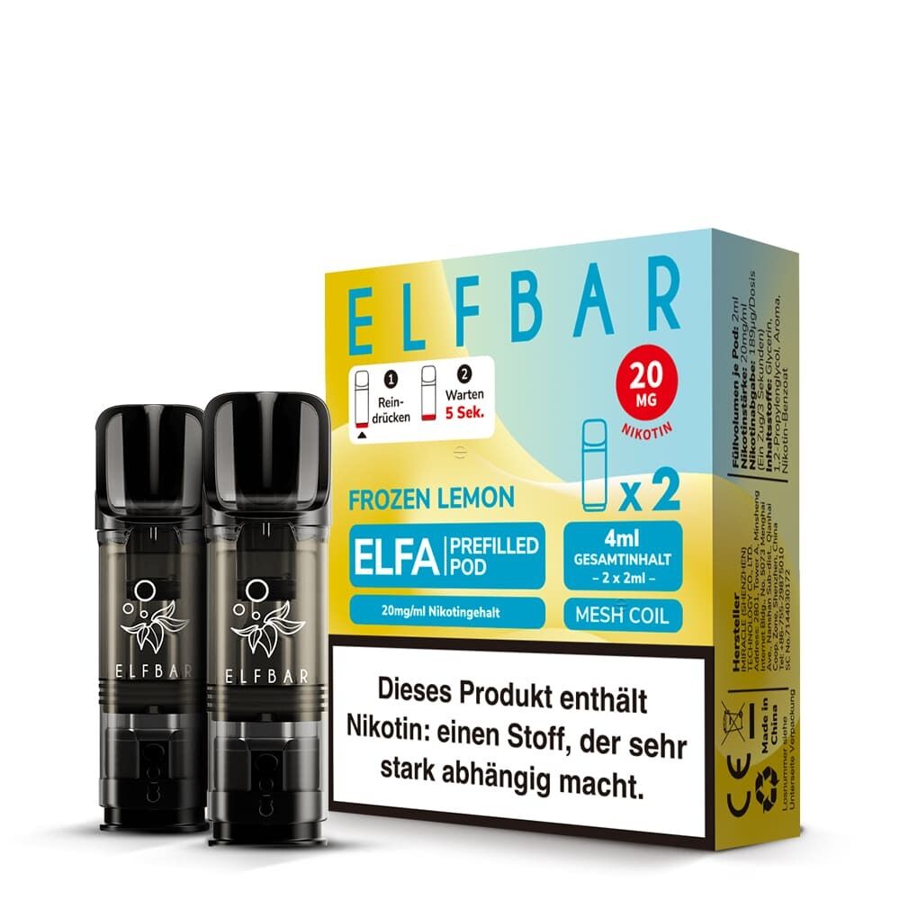 ELB559 Elfbar ELFA Pods Frozen Lemon 20mg Packung mit zwei schwarzen Pods, jeweils mit weißem Elfbar-Logo und Warnhinweis auf der Verpackung.