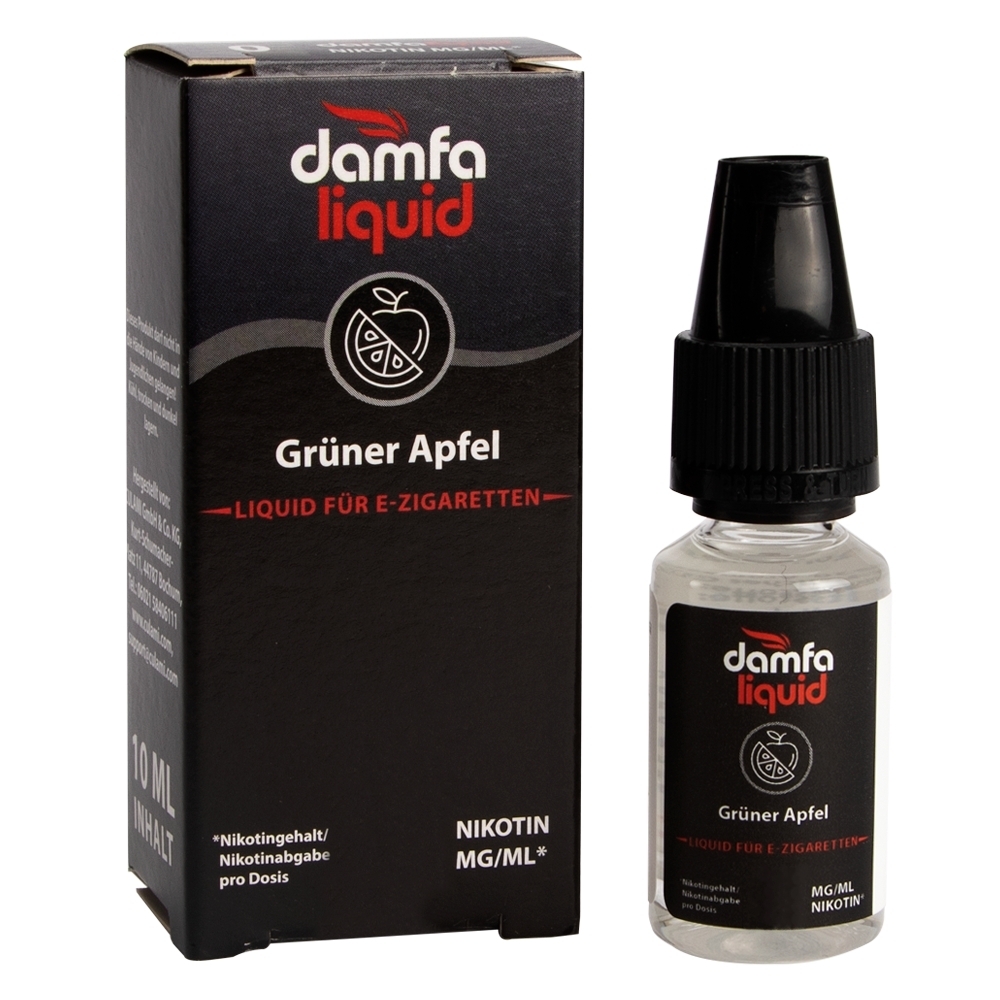 Damfaliquid Flasche und Verpackung, Grüner Apfel 12mg für E-Zigaretten, schwarze Etiketten mit Apfel-Symbol und rotem Text