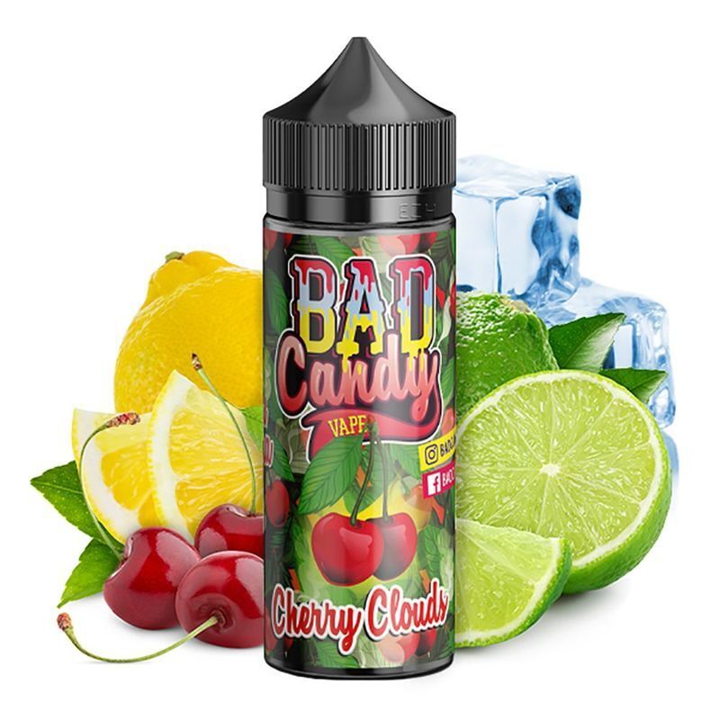 Aroma Cherry Clouds von Bad Candy E-Liquid-Flasche Bad Candy Aroma - Cherry Clouds, umgeben von Kirschen, Zitronen-, Limettenscheiben und Eiswürfeln, farbenfrohes Label.
