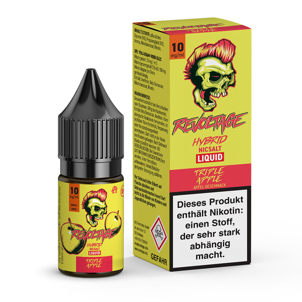 Revoltage Hybrid Liquid - Triple Apple Revoltage Hybrid Liquid Flasche und Verpackung, Triple Apple 10mg, gelbes Design mit Totenkopf, enthält Nikotin-Warnung und Gefahrenhinweis