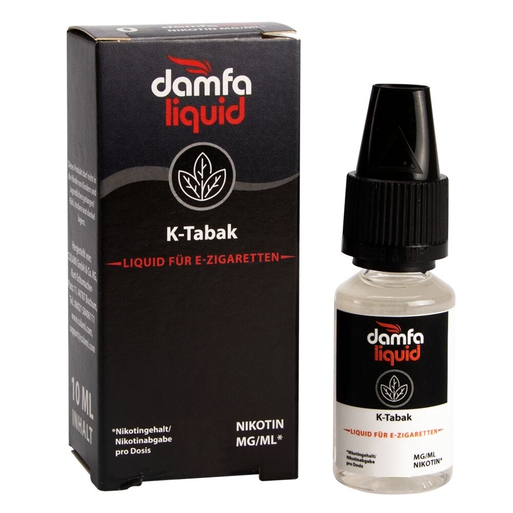 Liquid K12mg -Tabak 12mg - Damfaliquid Damfaliquid K-Tabak E-Zigarettenliquid 12mg, schwarze Verpackung und Flasche mit schwarzem Verschluss und weißem Etikett, 10ml Inhalt