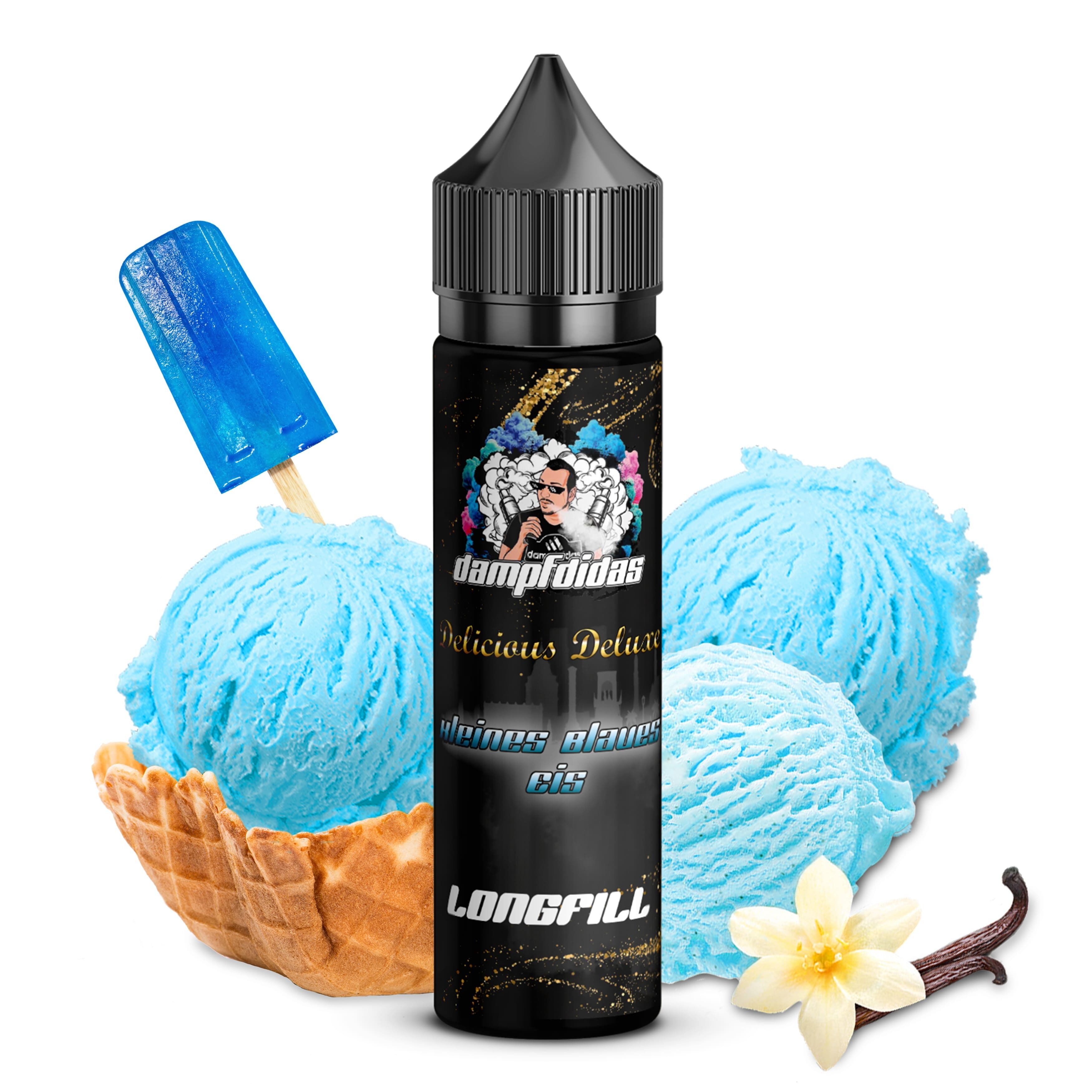 Aroma Kleines Blaues Eis - Dampfdidas Dampfdidas Aroma Kleines Blaues Eis Flasche mit blauen Eiskugeln, Eiswaffel, blauen Eis am Stiel und Vanilleblüte im Hintergrund.