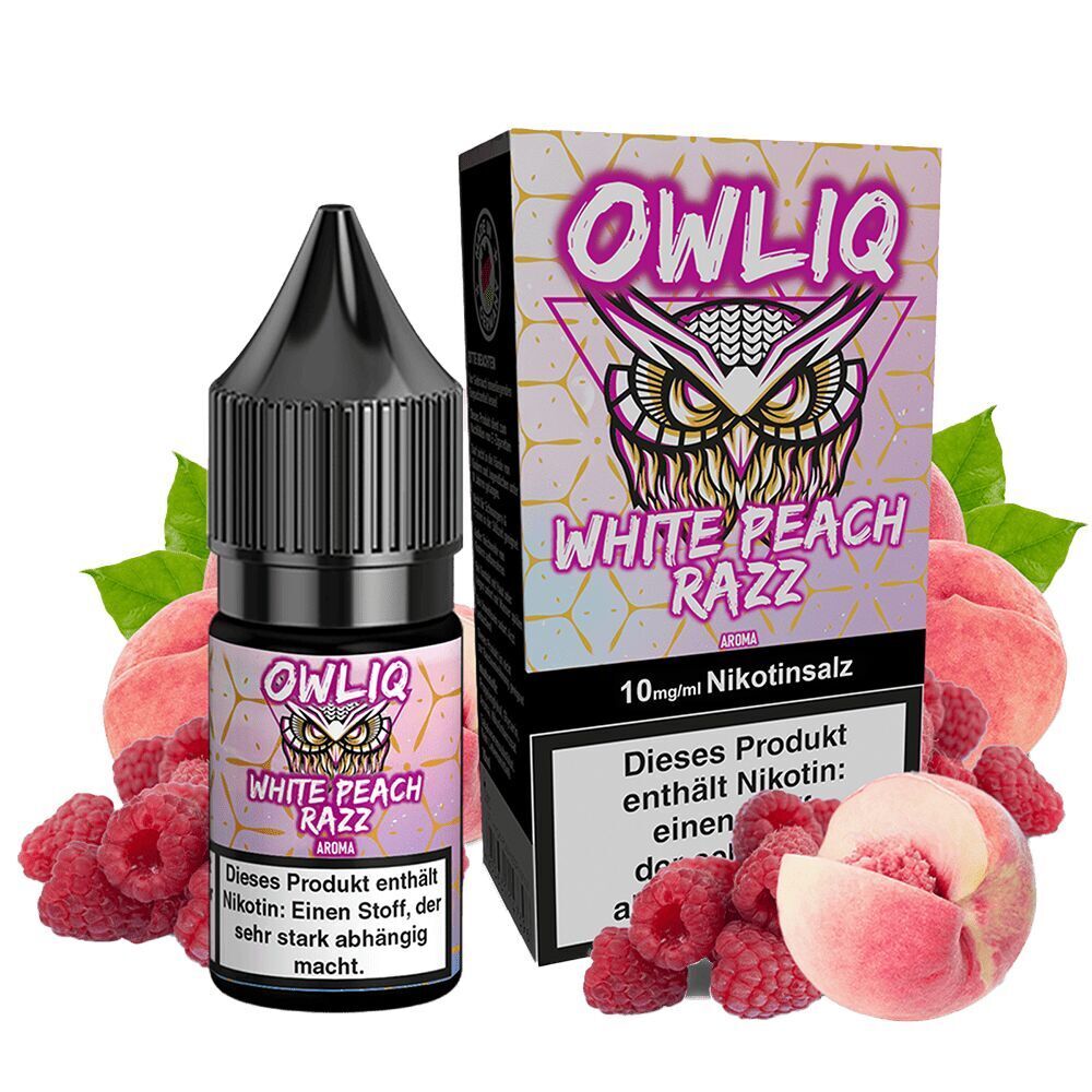 Owliq Nikotinsalz - White Peach Razz Flasche und Schachtel Owliq White Peach Razz Nikotinsalz mit Bildern von Pfirsichen und Himbeeren, Textangaben zu Nikotininhalt sichtbar.