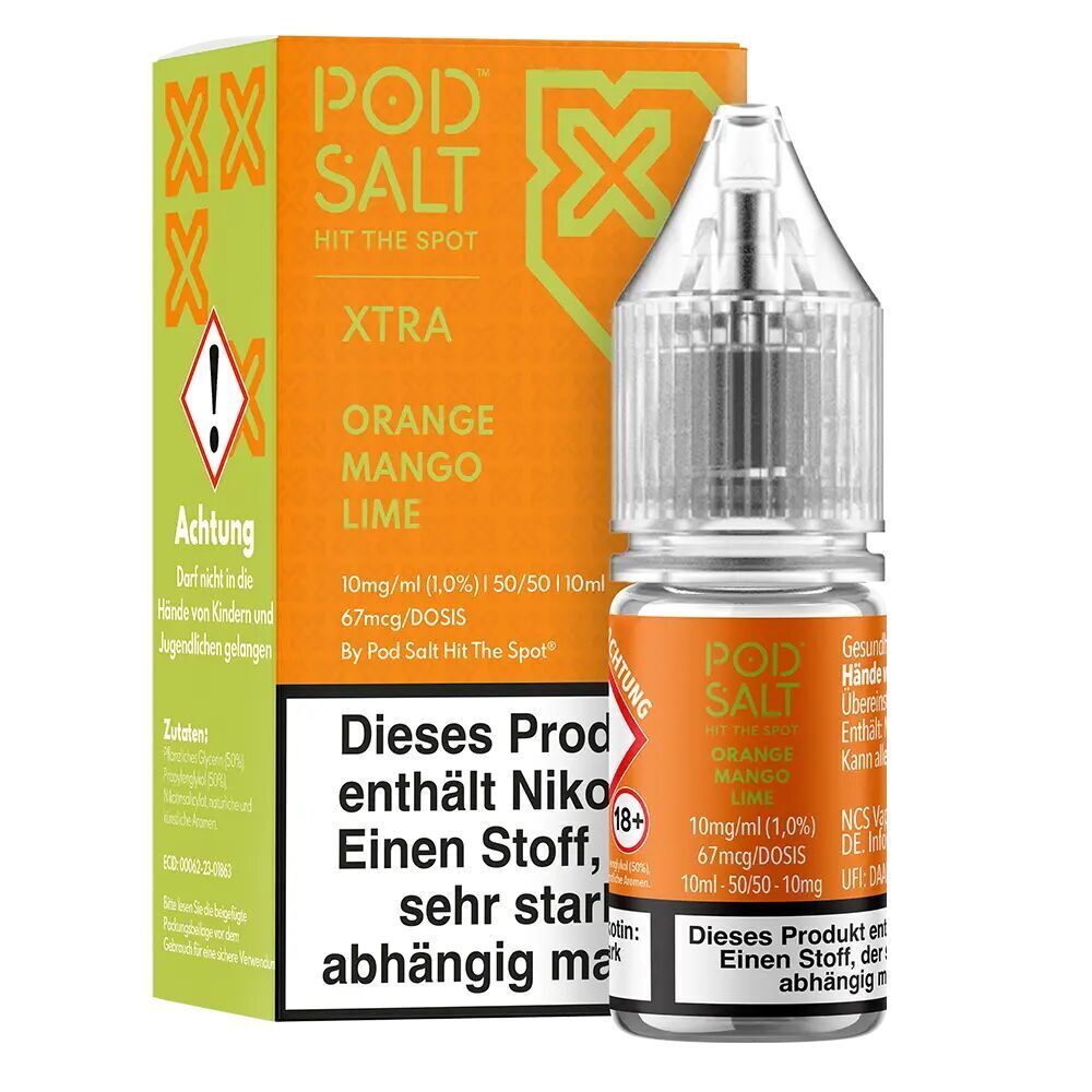 Liquid Orange Mango Lime von Pod Salt Xtra Pod Salt Xtra Nikotinsalzflasche und Verpackung, Geschmacksrichtung Orange Mango Lime, Warnhinweis für Nikotinkonsum, orangefarbene Gestaltung