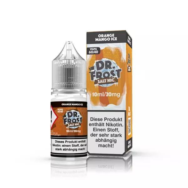 Liquid Orange & Mango Ice mit 20mg Nikotin von Dr. Frost Dr. Frost Nikotinsalz Orange & Mango Ice 20mg Flasche und Verpackung mit Warnhinweis, 10ml Inhalt, VPG 60/40 Verhältnis.