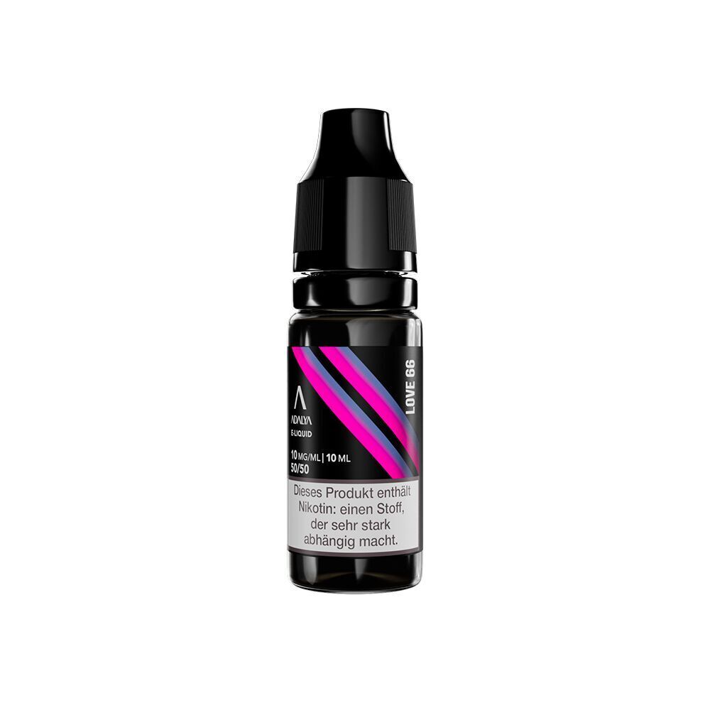 Liquid Love66 10mg - Adalya Nikotinsalz Adalya Nikotinsalz Love66 10mg in schwarzer Flasche mit violetten Streifen, Warnhinweis zur Nikotinsucht auf dem Etikett.