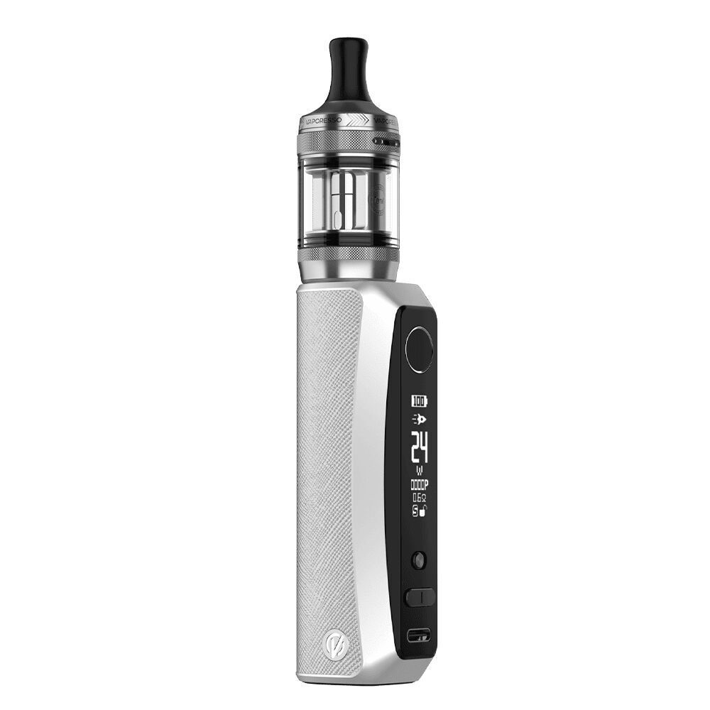 Vaporesso GTX One Pro Box Kit in Silber mit Display und silbernem Gehäuse, schwarzem Bedienfeld und schwarzem Mundstück