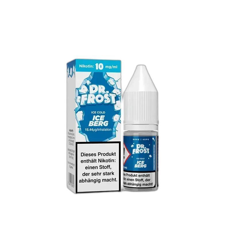 Dr. Frost Nikotinsalz - Ice Cold Iceberg 10mg Dr. Frost Nikotinsalz Ice Cold Iceberg 10mg E-Liquidflasche und Verpackung mit blauer Grafik, Nikotinwarnhinweis sichtbar