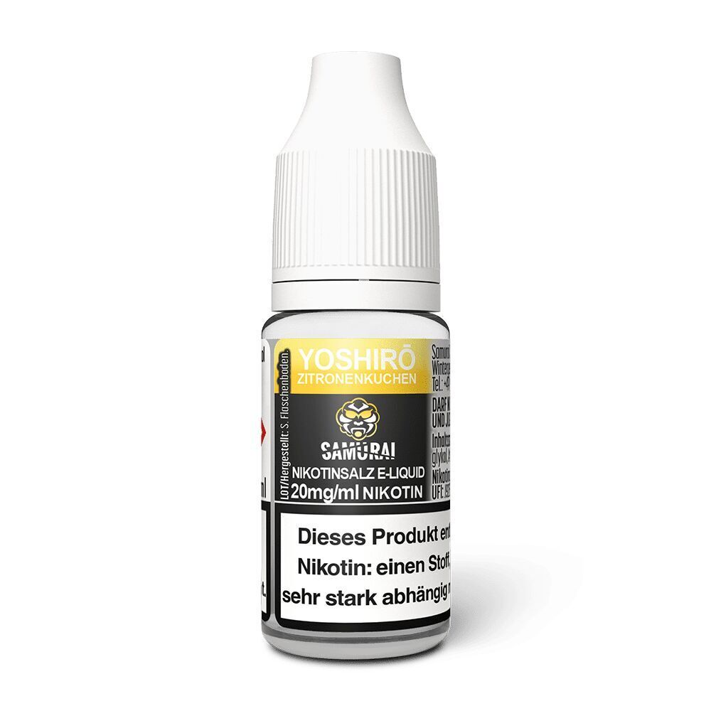 Liquid Yoshiro Zitronenkuchen 20mg - Samurai Samurai Nikotinsalz Yoshiro Zitronenkuchen E-Liquid Flasche, 20mg/ml Nikotin, warnende Hinweise auf Etikett
