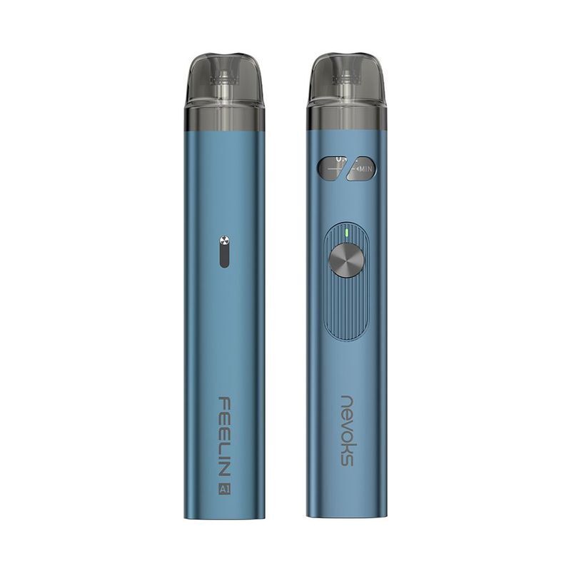 Nevoks Feelin A1 Pod Kit in der Farbe Blue Nevoks Feelin A1 Pod Kit in Blau mit zwei Geräten nebeneinander, eines mit Tasten und Anzeigeleuchten, das andere mit einer LED.