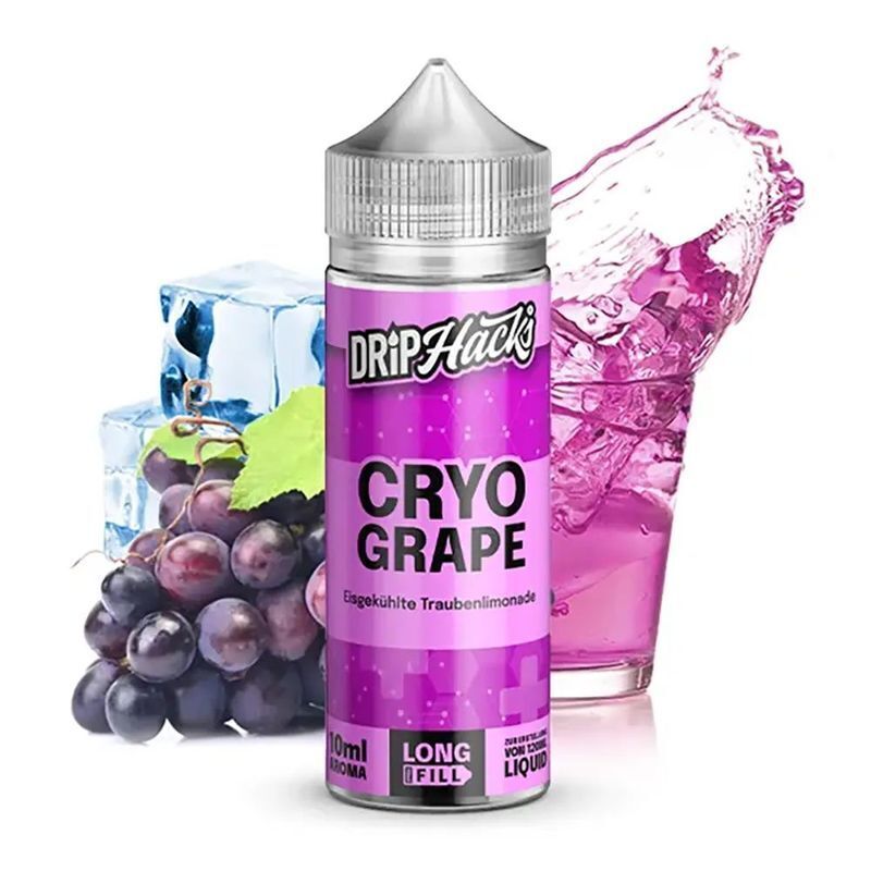 Aroma Cryo Grape von Drip Hacks Drip Hacks Aroma Cryo Grape Flasche mit lila Etikett, daneben Trauben, Eiswürfel und ein Glas lila Getränk.