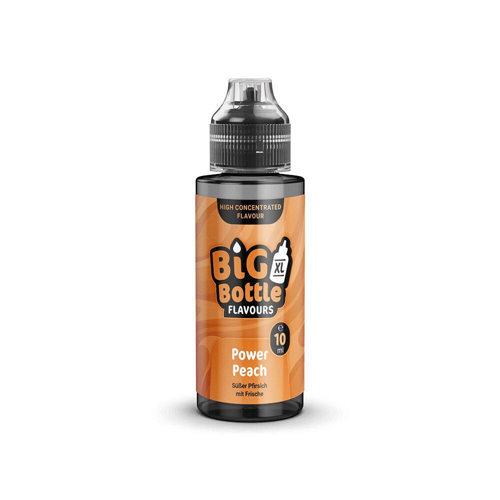 BBF228 Big Bottle Flavours Aroma mit der Aufschrift Power Peach, süßer Pfirsich mit Frische, orangefarbene Flasche, 10 ml Kapazität.