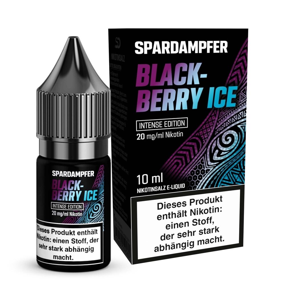 Spardampfer-Nikotinsalz-Blackberry-Ice-20mg.jpg Spardampfer Blackberry Ice Nikotinsalz in schwarzer Flasche mit silbernem Verschluss und Verpackung; enthält 20mg/ml Nikotin, 10ml E-Liquid.