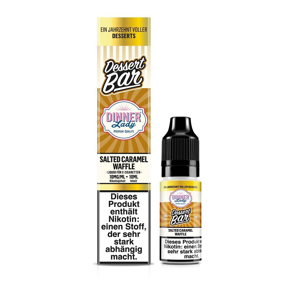 Liquid Salted Caramel Waffle 10mg - Dinner Lady Nikotinsalz Dinner Lady Dessert Bar Nikotinsalz - Salted Caramel Waffle E-Liquid mit 10mg/ml Nikotin in 10ml Flasche und Verpackung mit Warnhinweis.