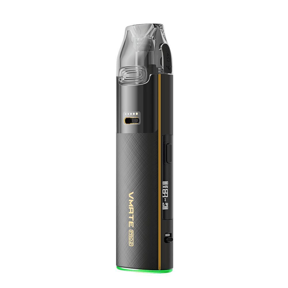 Voopoo Vmate Pro 2 Pod Kit Voopoo Vmate Pro 2 Pod Kit in Schwarz mit durchsichtigem Mundstück, seitlichem Bildschirm, gelochtem Muster und grünem Sockel.
