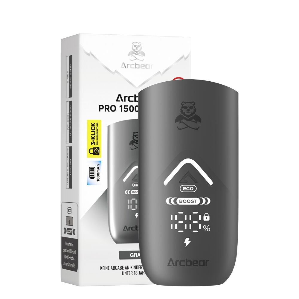 Arcbear Pro 15000 Akkuträger - Gray mit Display zeigt Prozentsatz und Modi wie ECO und BOOST, Verpackung im Hintergrund sichtbar