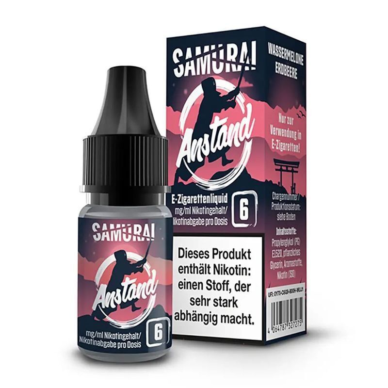 Liquid Anstand mit 6mg Nikotin von Samurai Samurai Liquid Anstand 6mg E-Zigarettenliquid, Flasche neben Verpackung mit Aufschrift über Nikotingehalt und Warnhinweis auf Suchtgefahr.