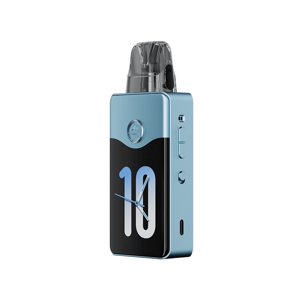 Voopoo Vinci E120 Pod Kit - Snow Blue Voopoo Vinci E120 Pod Kit in Snow Blue mit schwarzem Display, großer “10” und zwei Tasten an der Seite.
