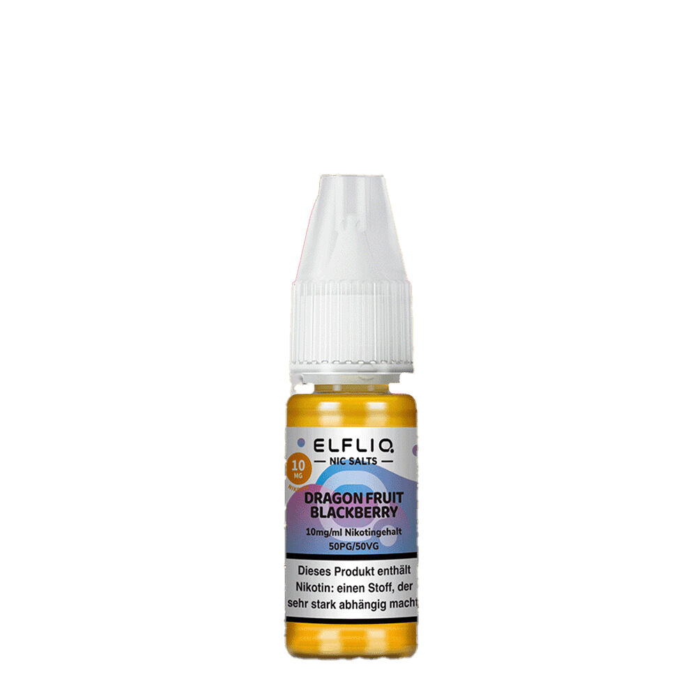 Elfliq Nikotinsalz - Dragon Fruit Blackberry Elfliq Nikotinsalz-Flasche mit Dragon Fruit Blackberry-Geschmack, 10mg/ml Nikotingehalt, farbiges Label mit Warnhinweis.